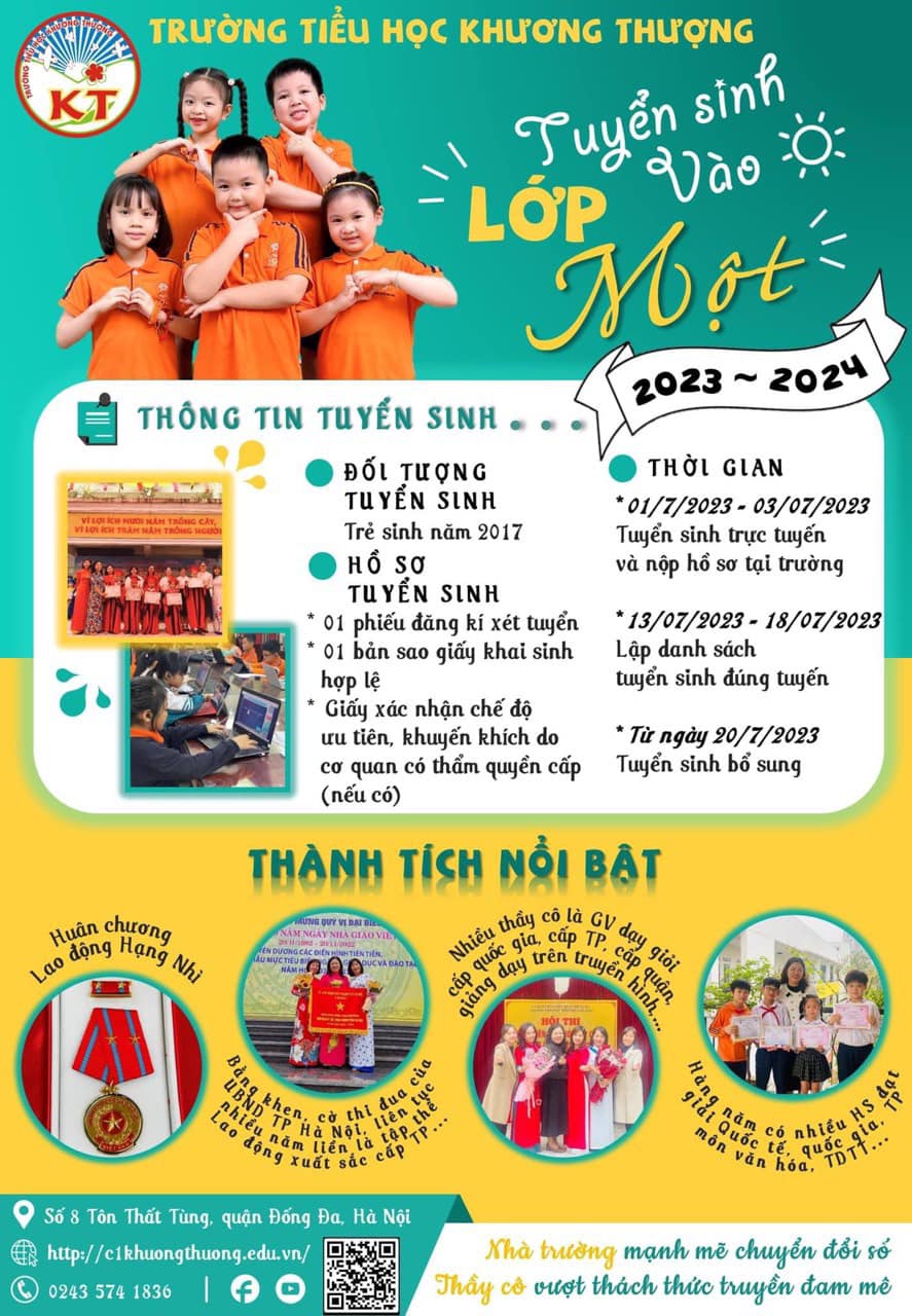 THÔNG BÁO TUYỂN SINH LỚP 1 NĂM HỌC 2023-2024 - TRƯỜNG TIỂU HỌC KHƯƠNG THƯỢNG